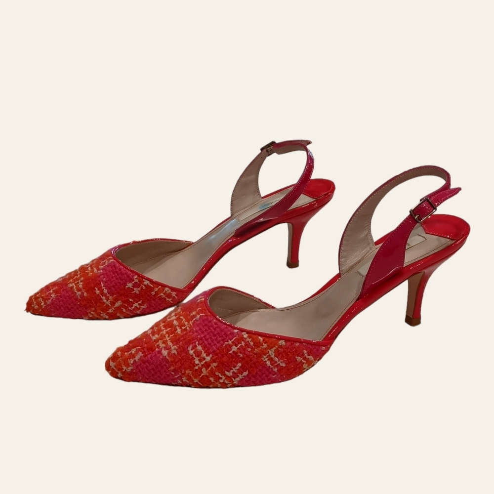 🆕 BODEN • size 7 1/2 or 40 1/2 • pink orange tweed slingback kitten heels NWOT